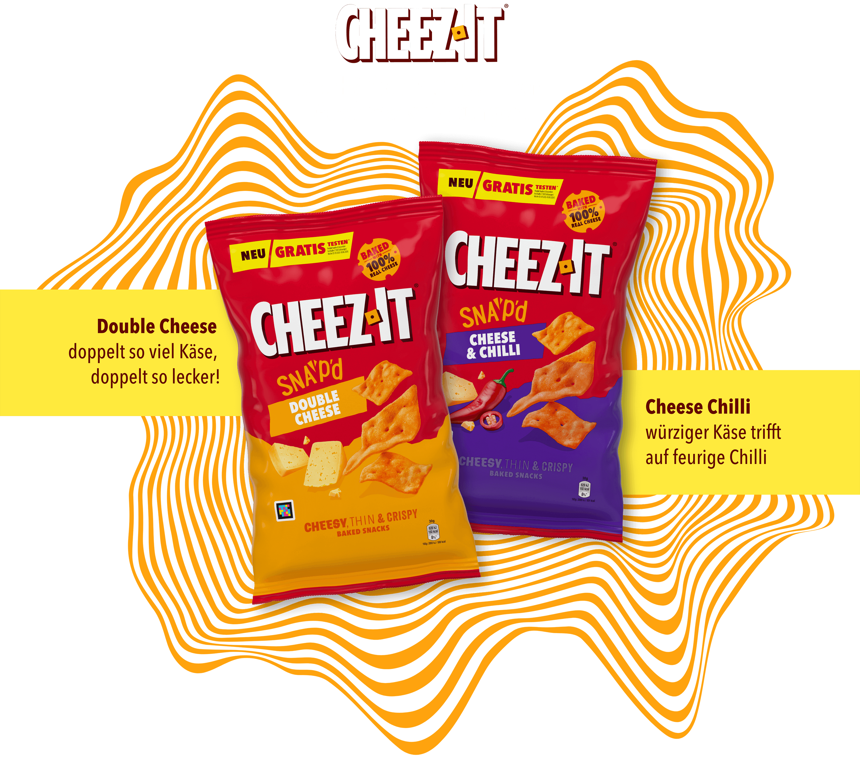 Cheez-It ist erhältlich in 2 köstlichen Geschmacksrichtungen: Double Cheese (doppelt so viel Käse, doppelt so lecker!) & Cheese Chilli (würziger Käse trift auf feurige Chilli)
